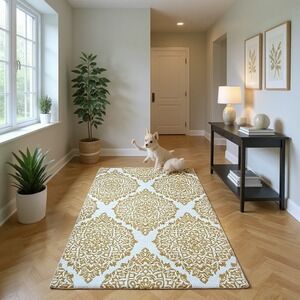 Printed Rug Home 27x45 Yellow NWOT Cotton Damask Mandala Accent
